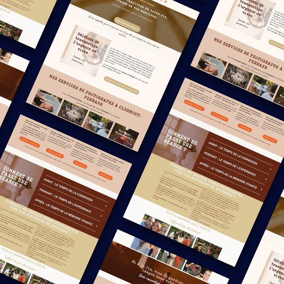 Composition de pages du site Alicia BK Photographie, aux tons chauds, avec des photos de mariage et de famille