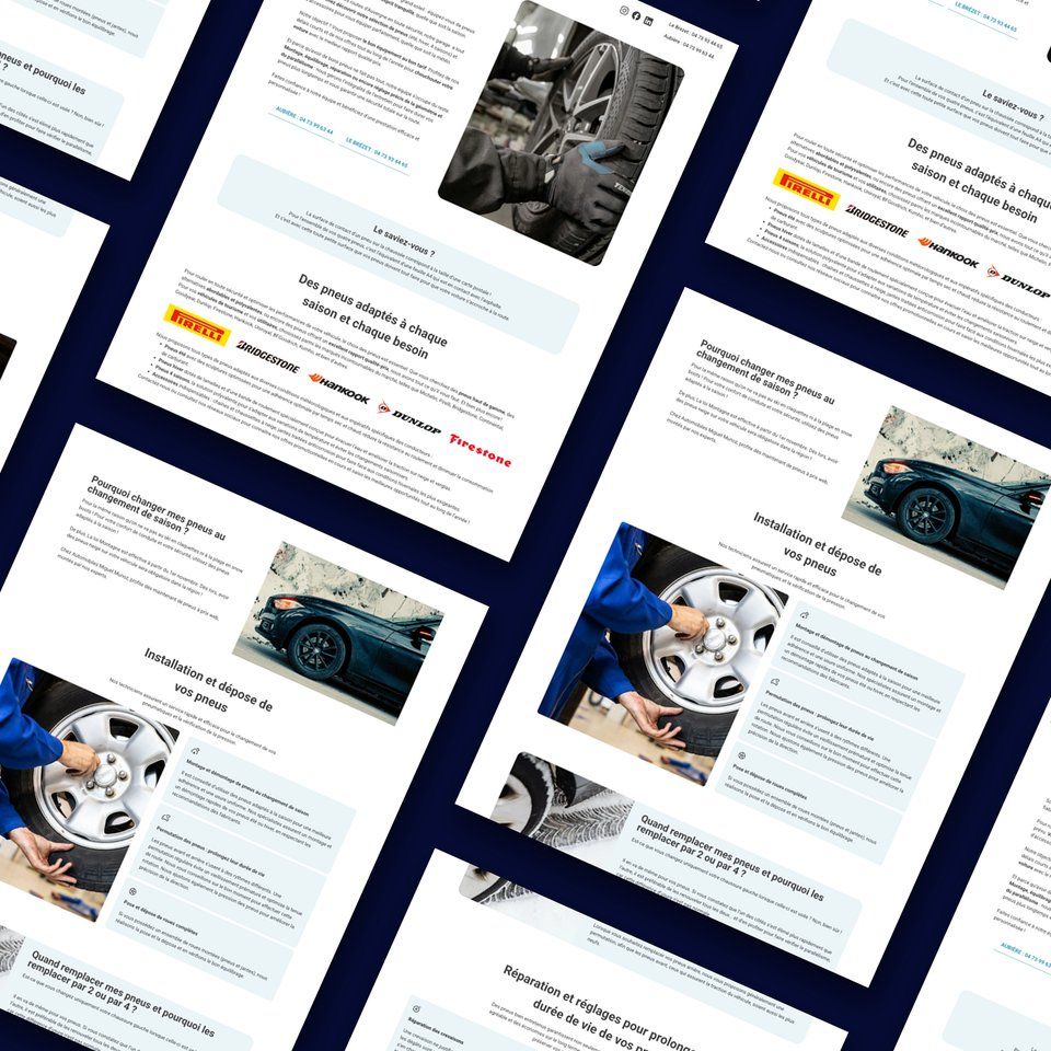 Composition de pages du site Automobiles Miguel Munoz, avec des photos de pneus et d’atelier