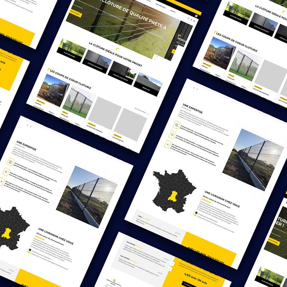 Composition de pages du site Cloturiz, aux accents jaunes, avec des clôtures et une carte de France