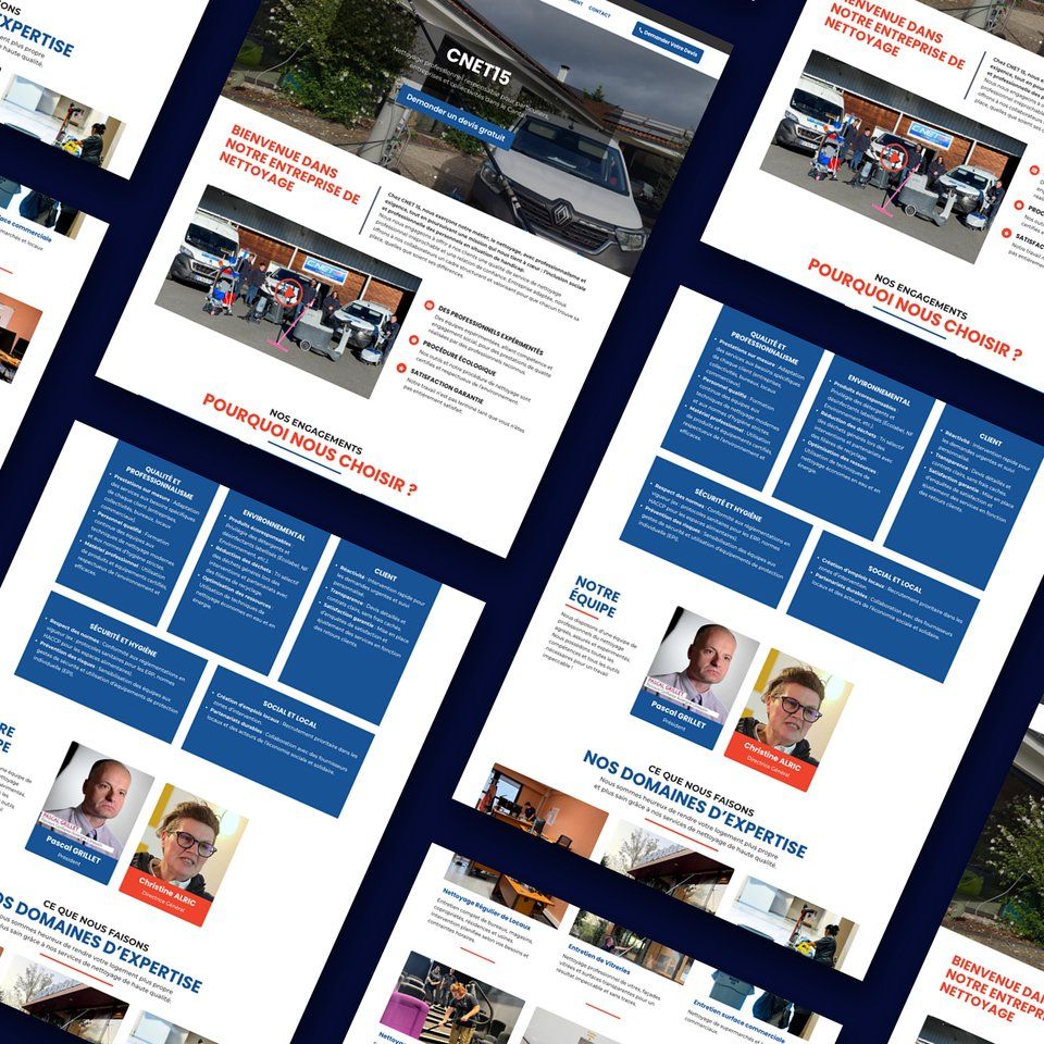 Composition de pages du site CNet 15, aux tons bleus, avec des photos de l’équipe
