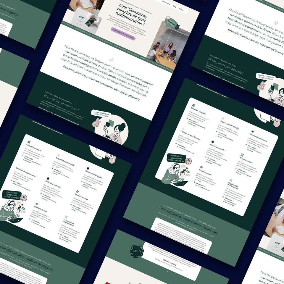 Composition de pages du site Com’ Commerce, aux tons vert profond, avec des illustrations