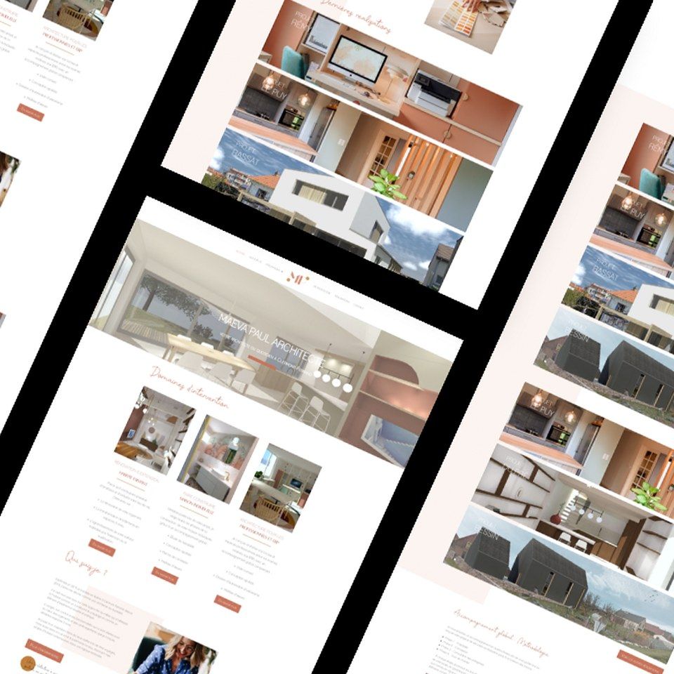 Composition de pages du site de Maëva Paul Architecte, avec des photos de maisons et de paysages