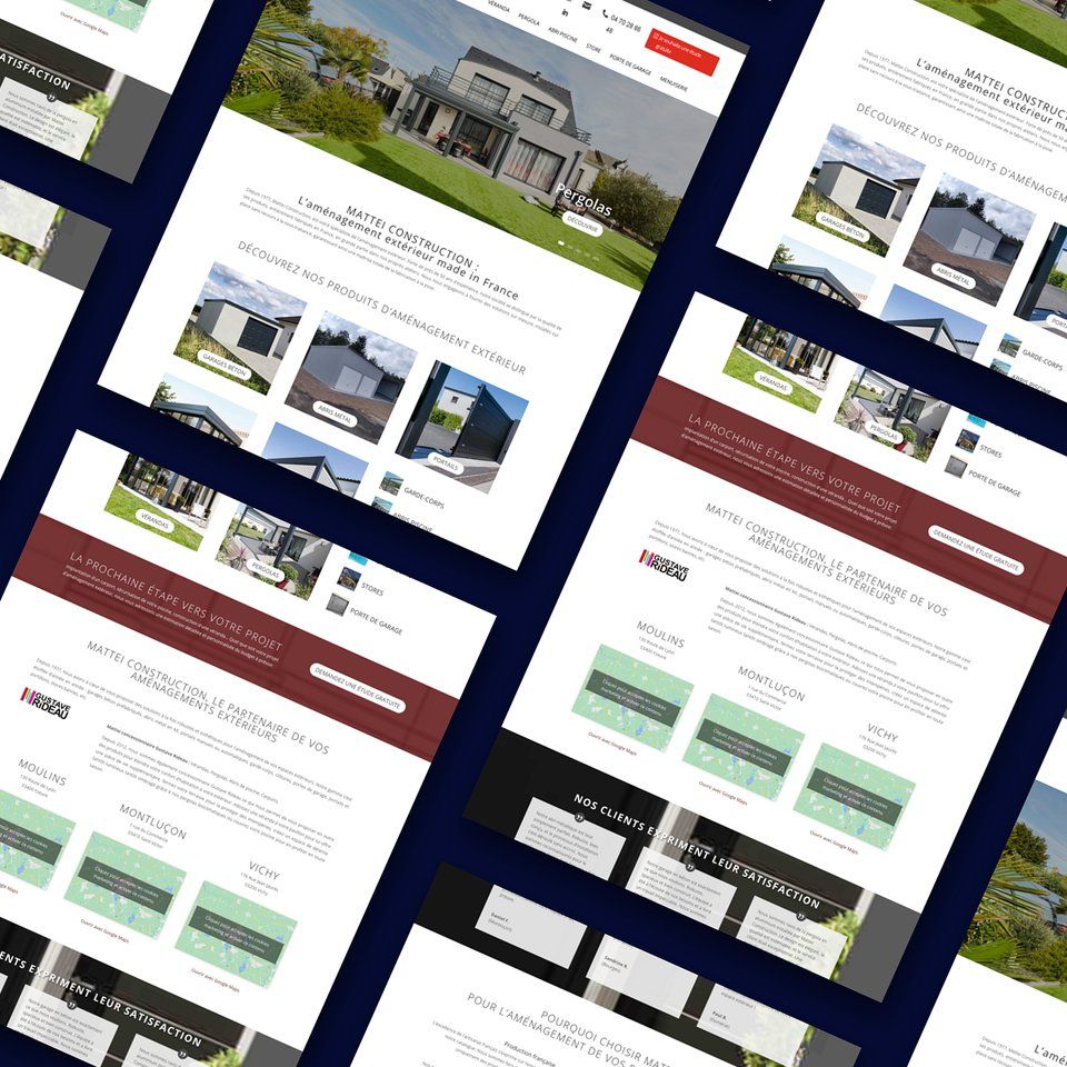 Composition de pages du site Mattei Construction, avec des photos de garages, d’abris et de maisons