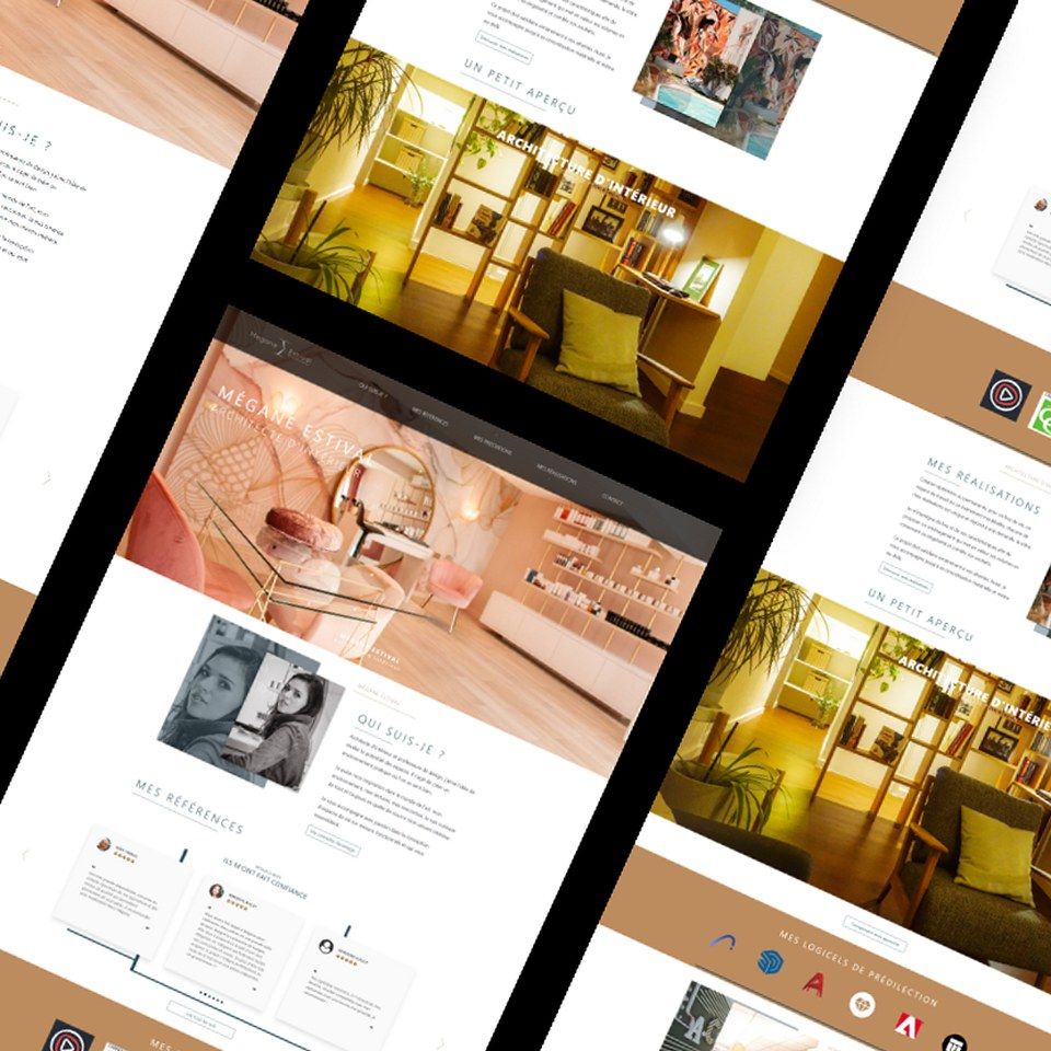 Composition de pages du site de Mégane Estival, aux tons roses et cuivrés, avec des intérieurs aménagés