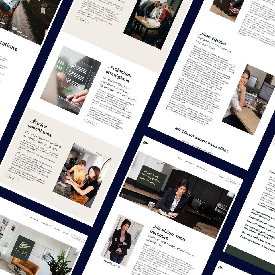 Composition de pages du site NR-CO Expertise, aux tons sable et anthracite, avec des photos de l’équipe au travail
