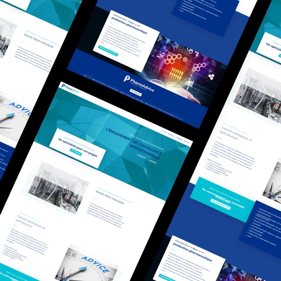 Composition de pages du site PharmAdvice, aux tons bleus, sur le thème de l’industrie pharmaceutique
