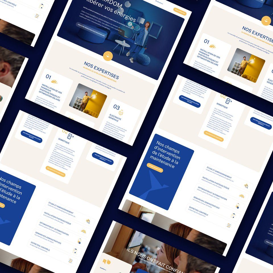 Composition de pages du site Solairdom, aux tons bleus, présentant ses expertises énergétiques